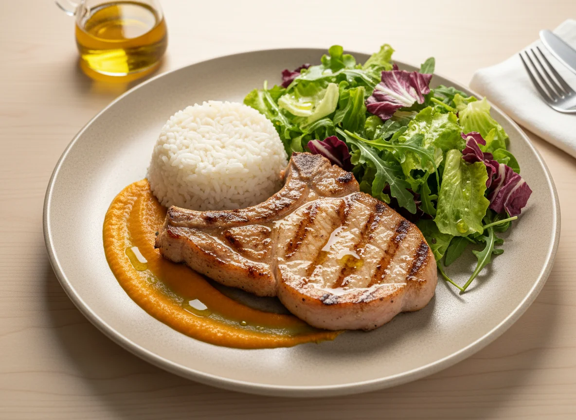 Costeleta de Porco com Arroz e Salada photo