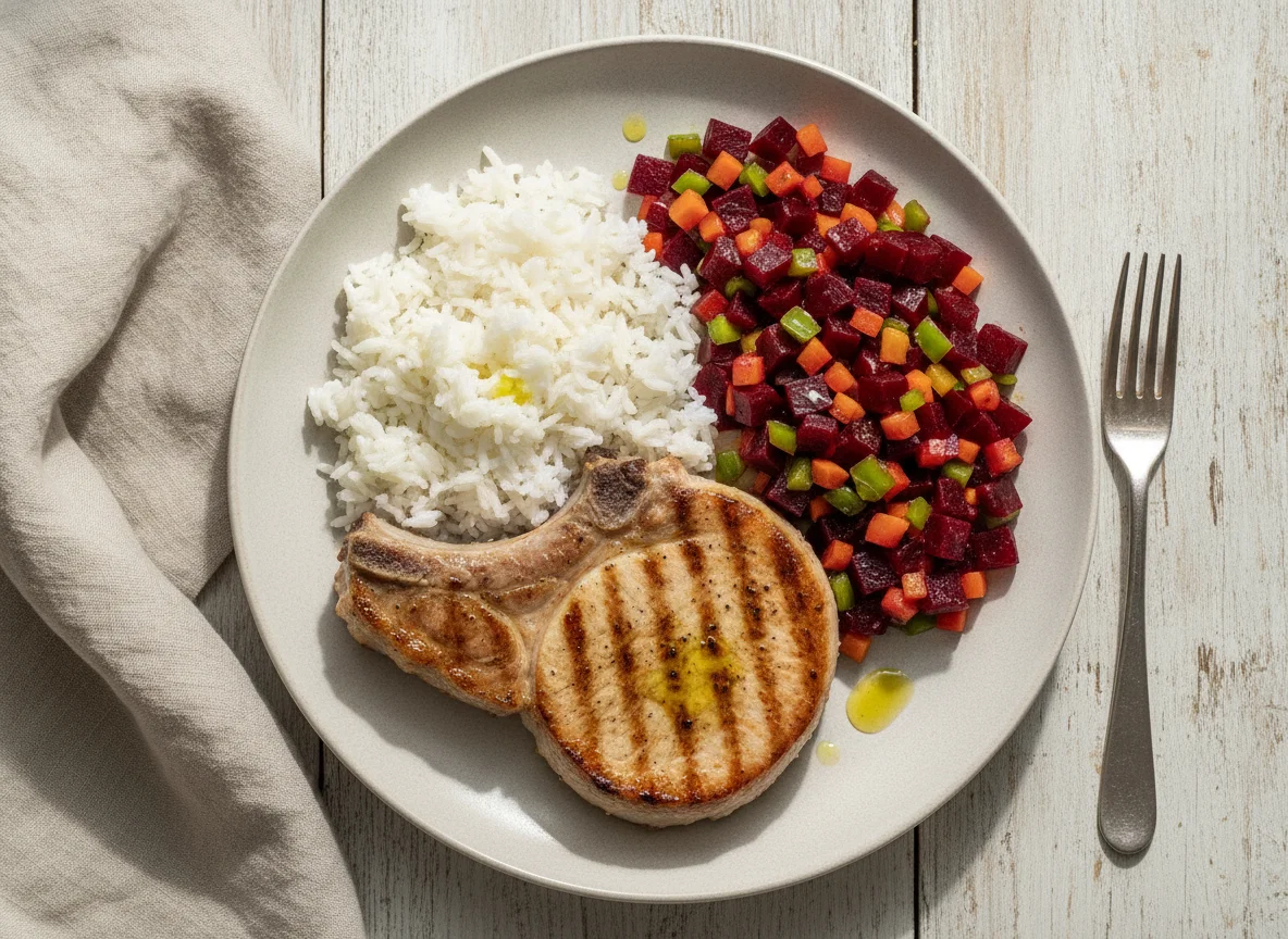 Costeleta de porco com arroz e salada de beterraba photo