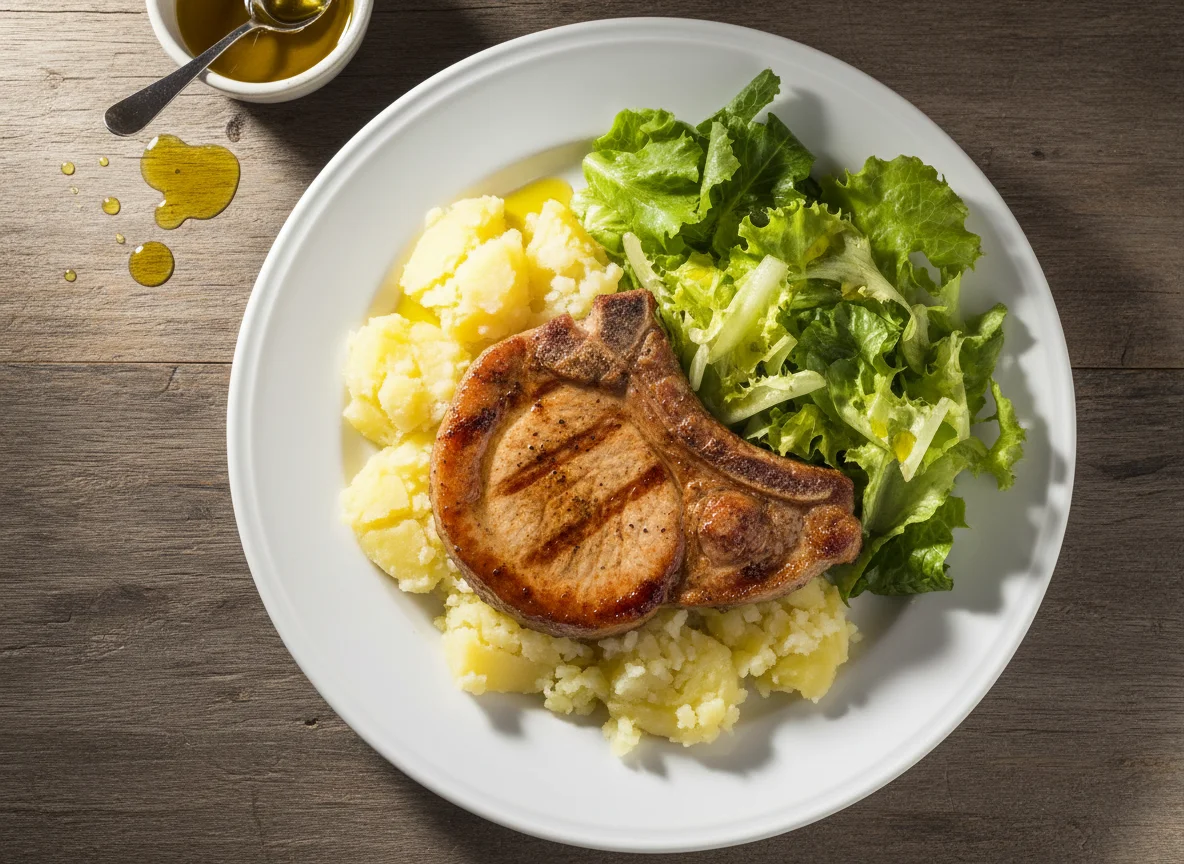 Costeleta de porco com batatas e salada photo