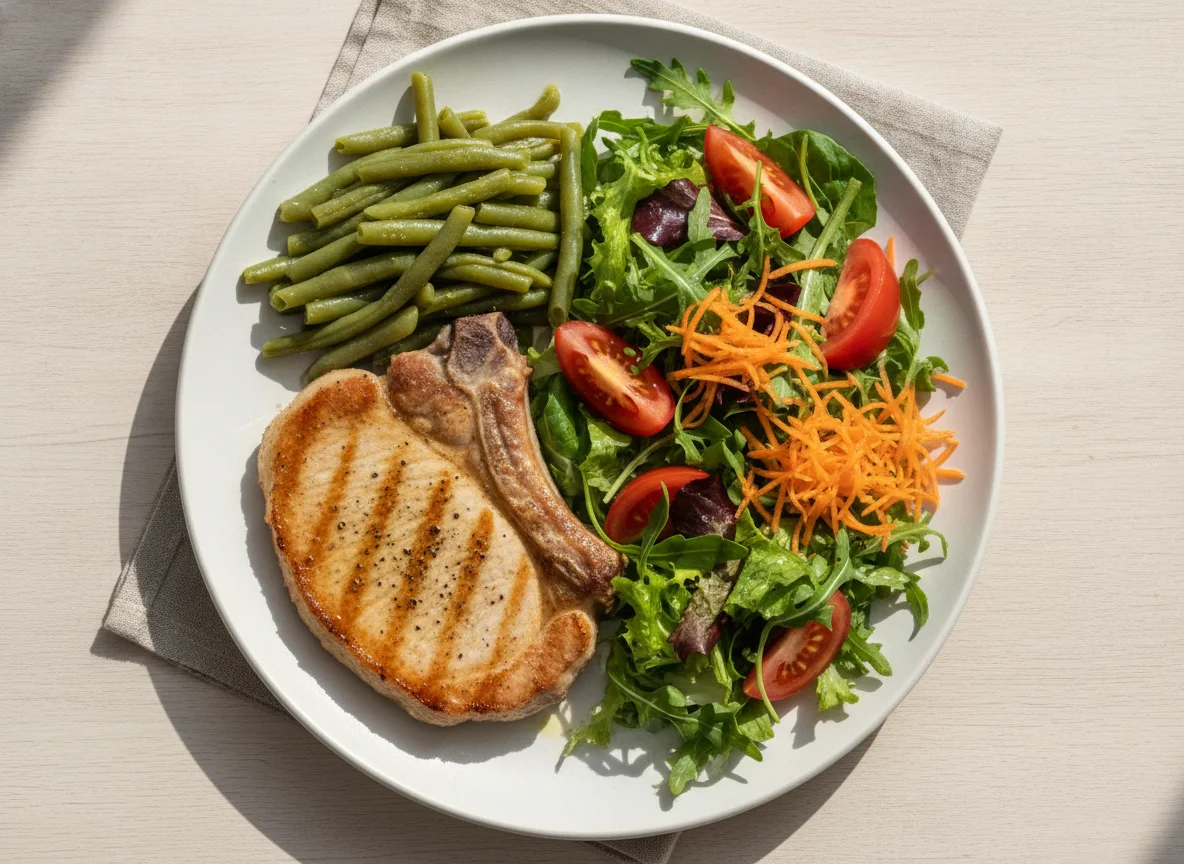 Costeleta de porco com feijão verde e salada mista photo