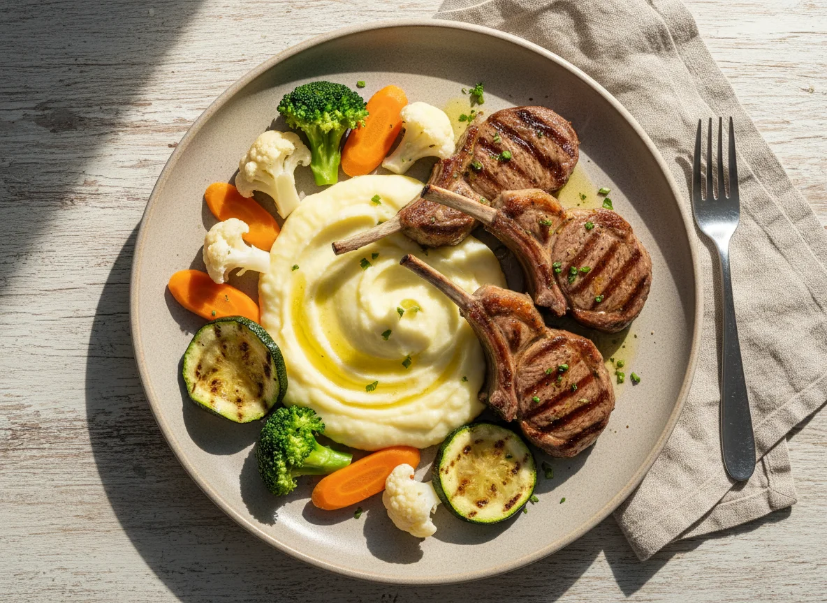 Costeletas de Cordeiro com Purê de Batata e Legumes photo