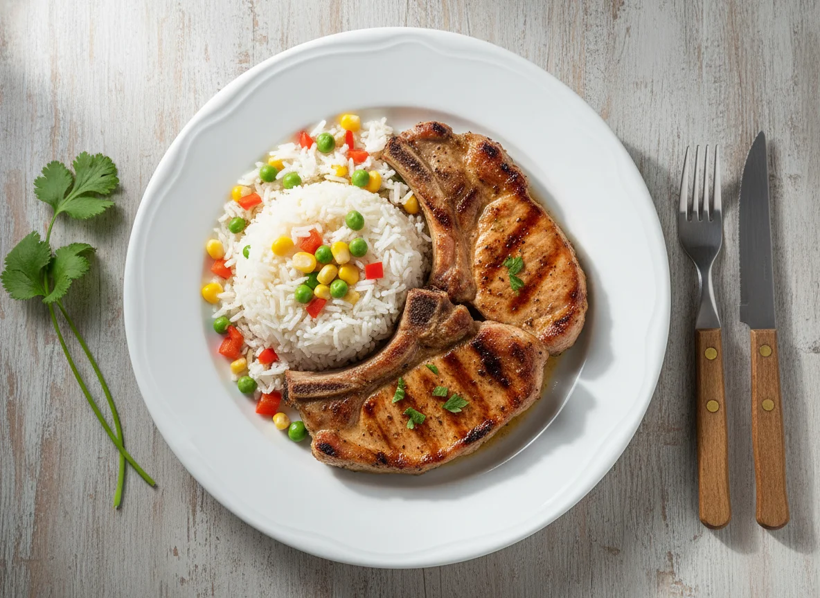 Costeletas de porco com arroz de legumes photo