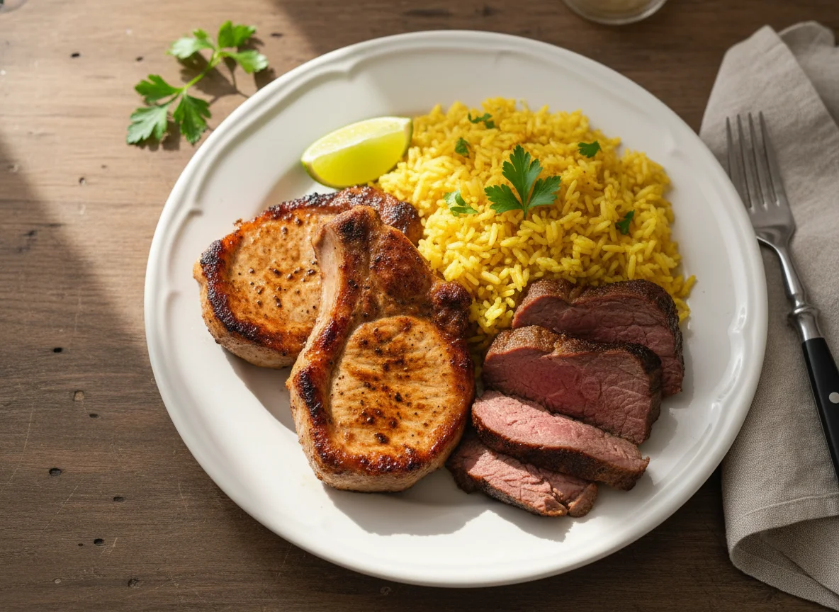 Costeletas de porco e arroz photo