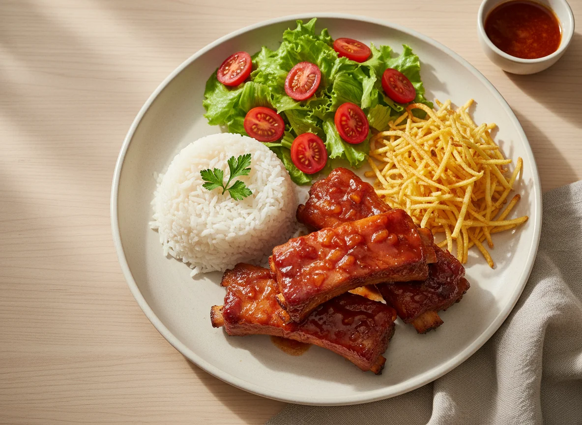 Costelinha com arroz, batata palha e salada photo
