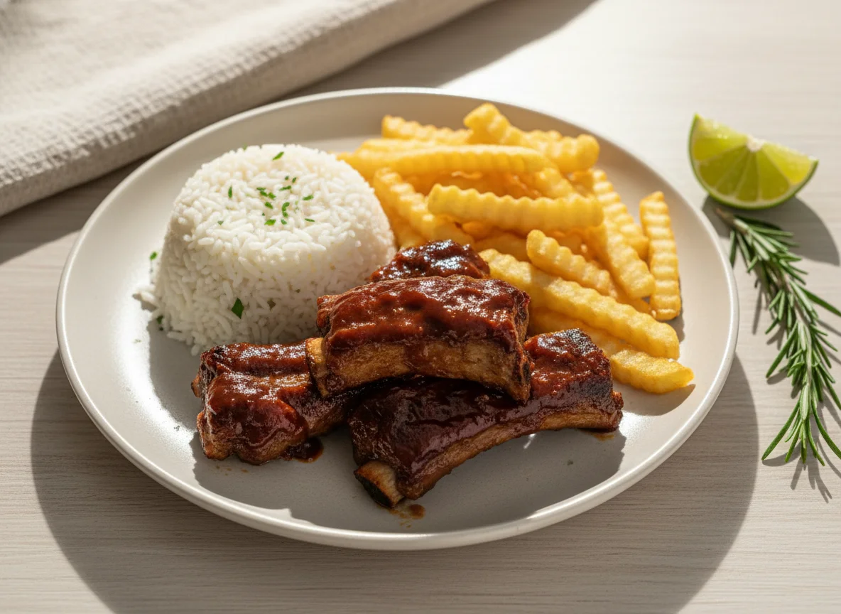 Costelinha com arroz e batata frita photo