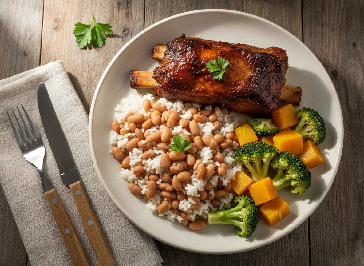 Costelinha com arroz, feijão e legumes photo