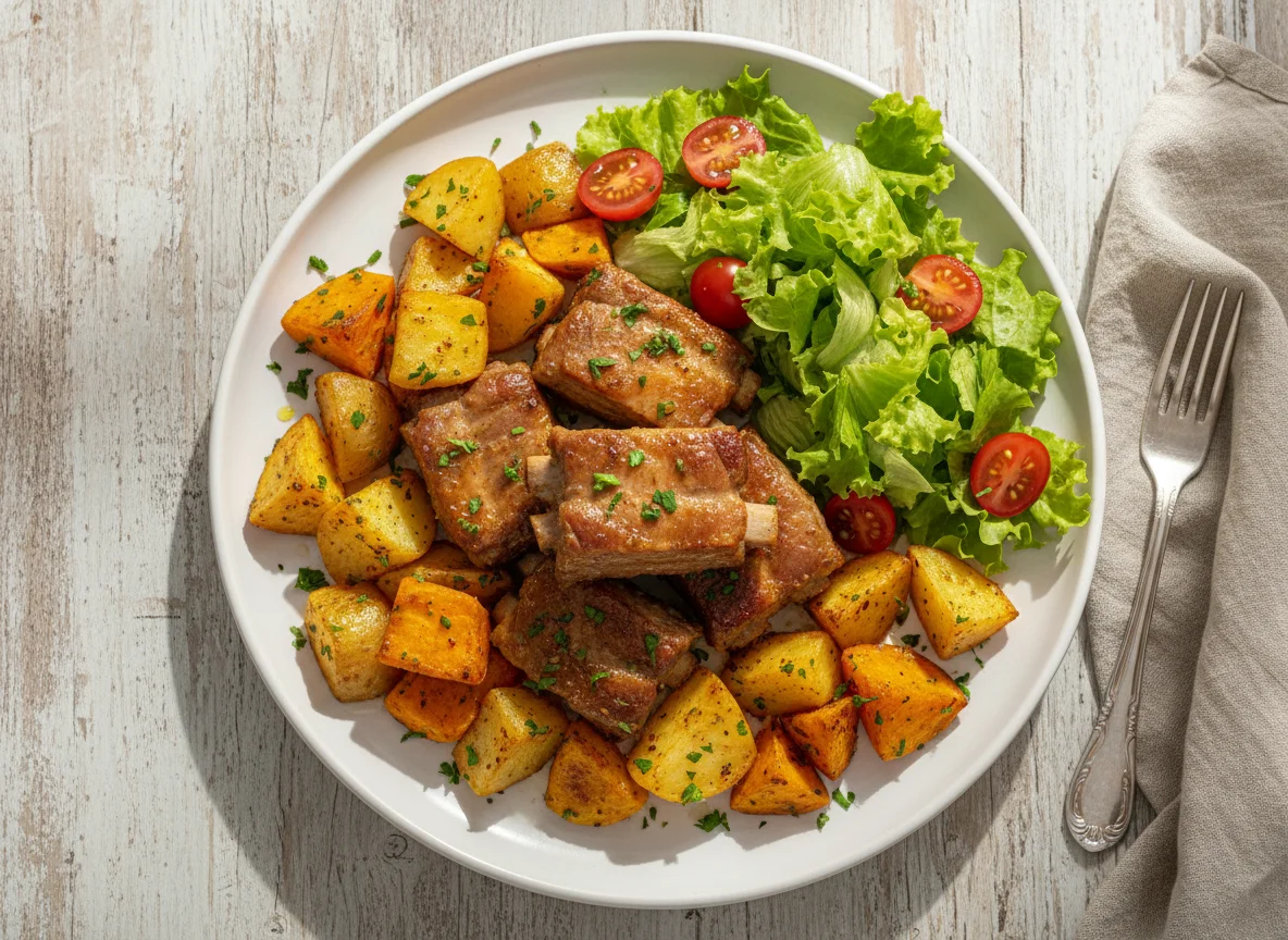 Costelinha com legumes e salada photo