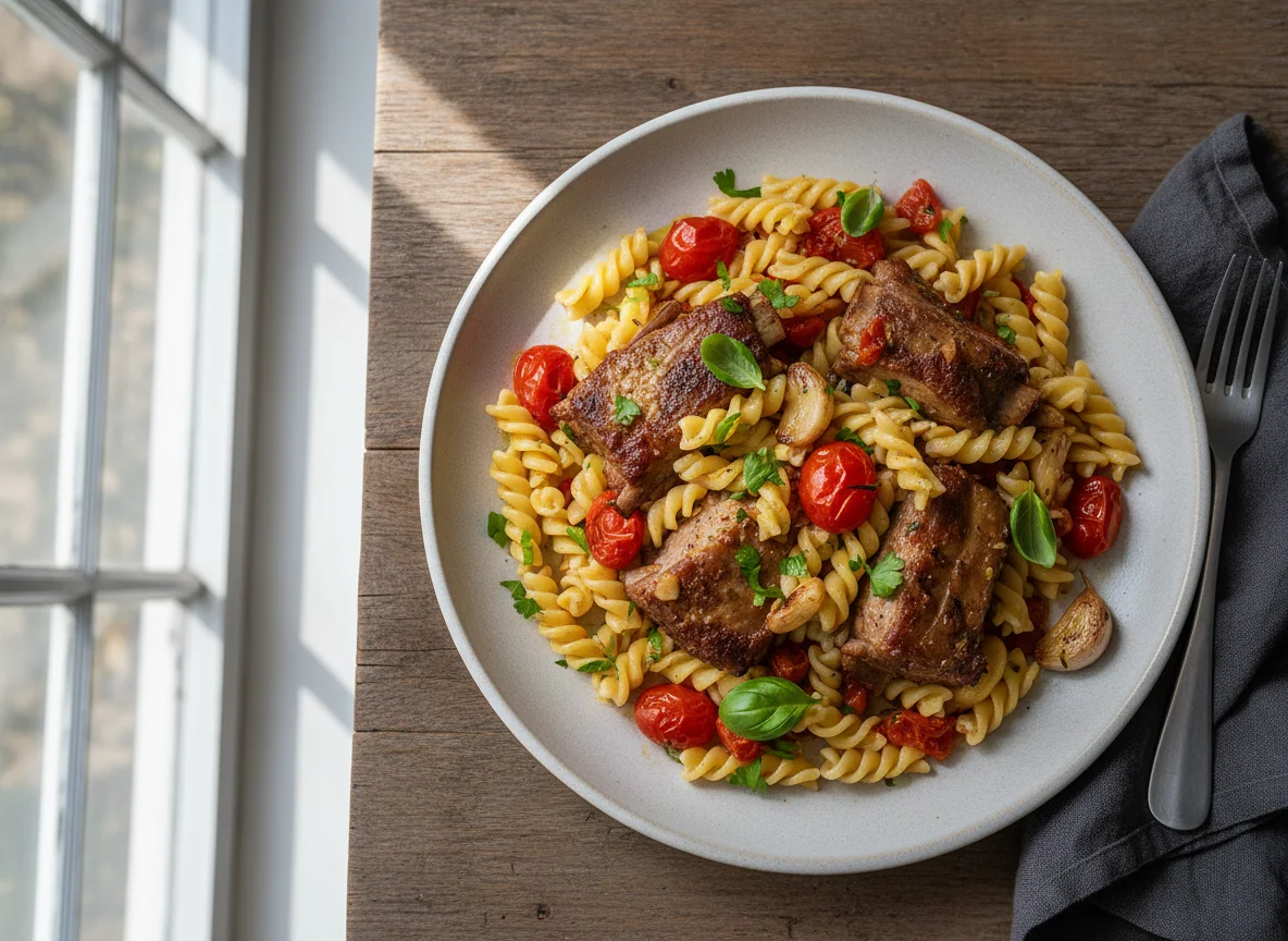Costelinha com Massa Fusilli e Tomate Cereja photo