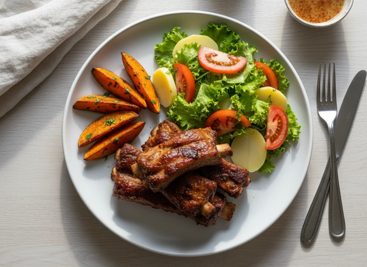 Costelinha com salada e batata doce photo