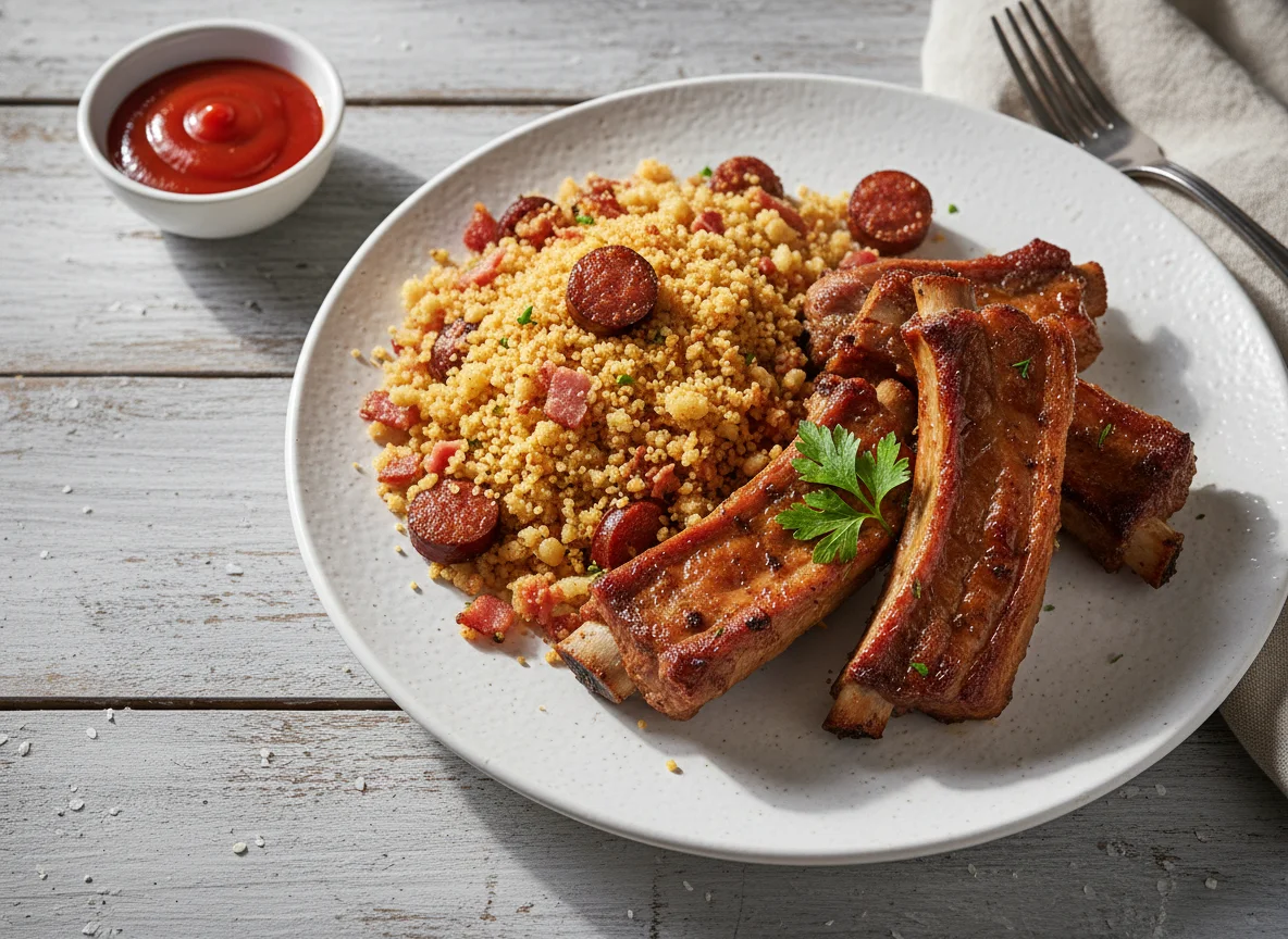 Costelinha cozida, farofa de mandioca temperada com bacon e linguiça photo