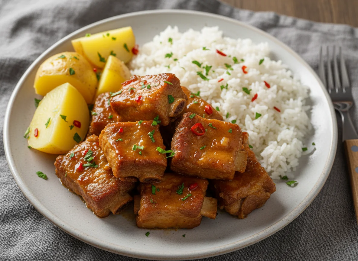 Costelinha de porco com arroz e batata photo