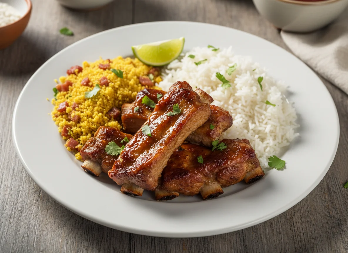 Costelinha de porco com arroz e farofa photo