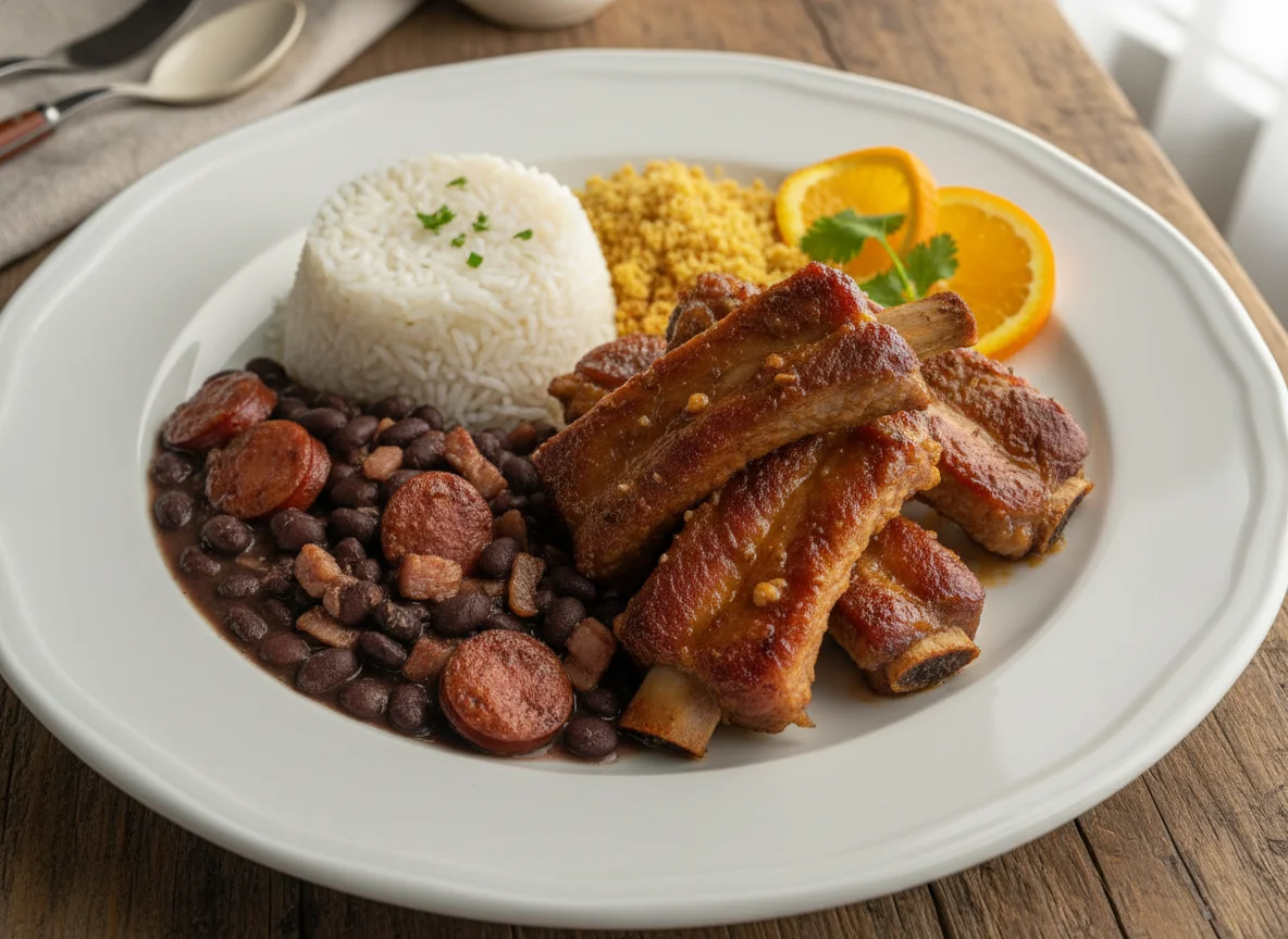 Costelinha de porco com arroz e feijão photo