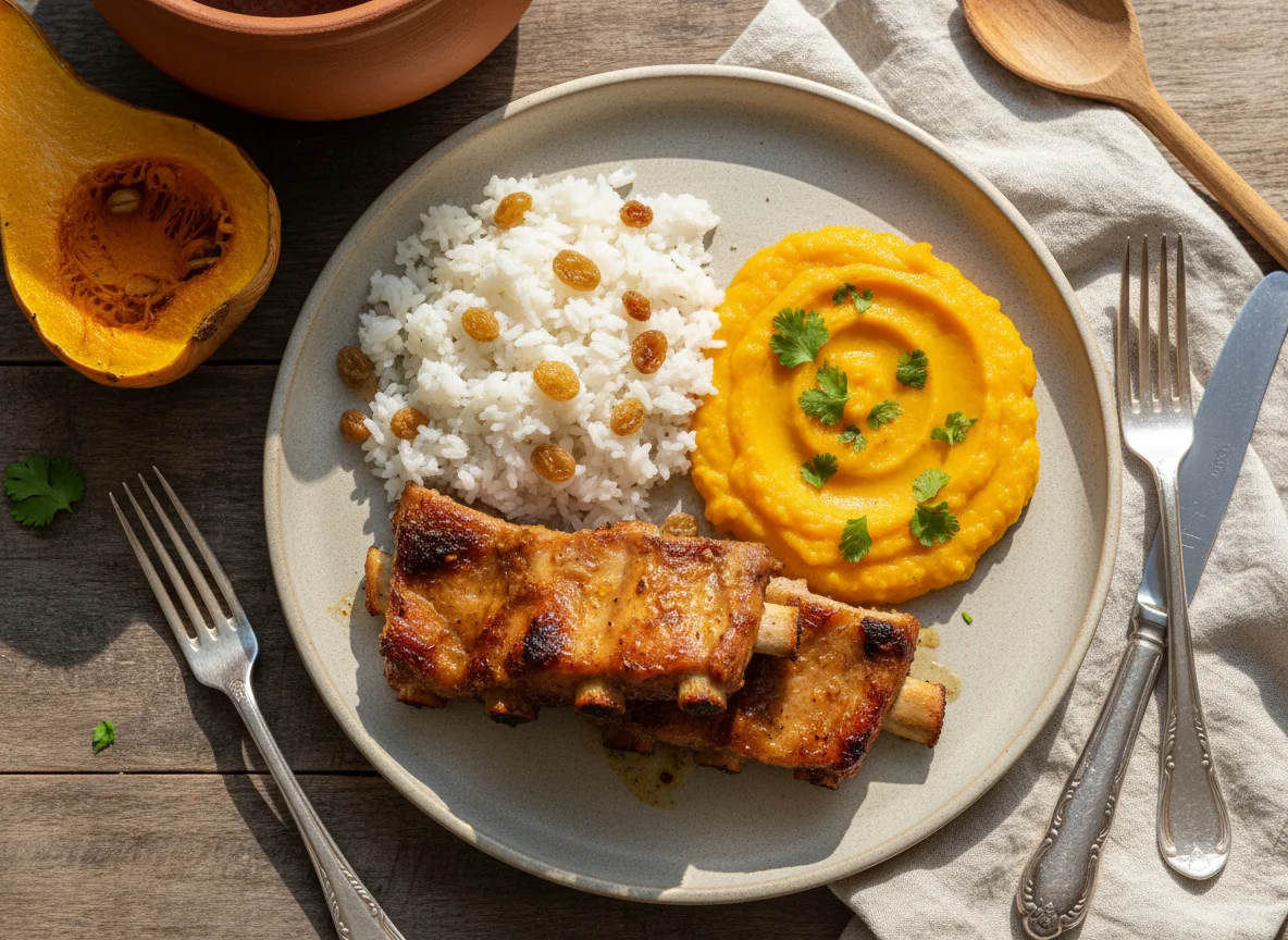 Costelinha de porco com arroz e purê de abóbora photo