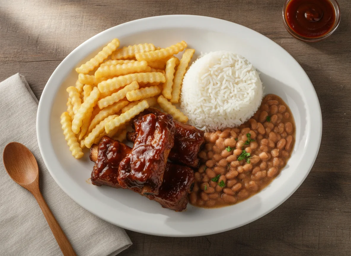 Costelinha de porco com arroz, feijão e batata frita photo