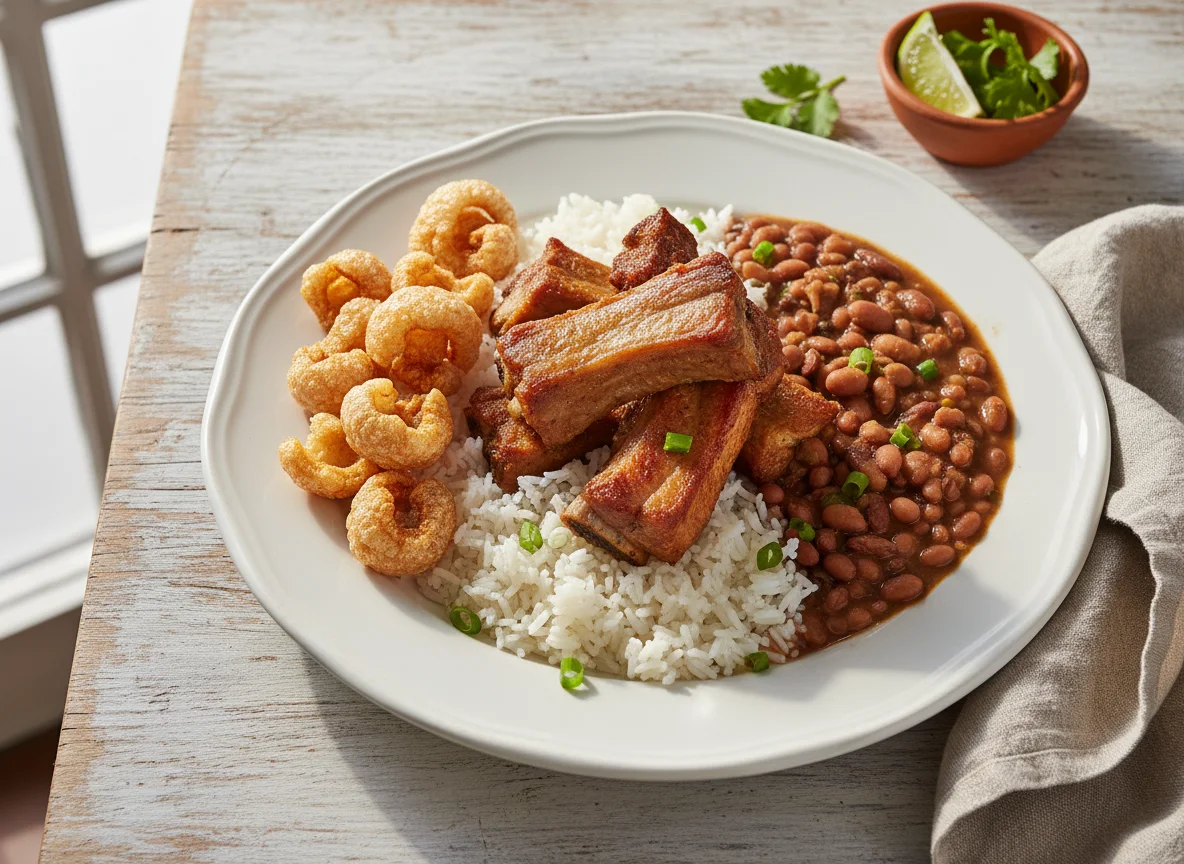 Costelinha de porco com arroz, feijão e torresmo photo