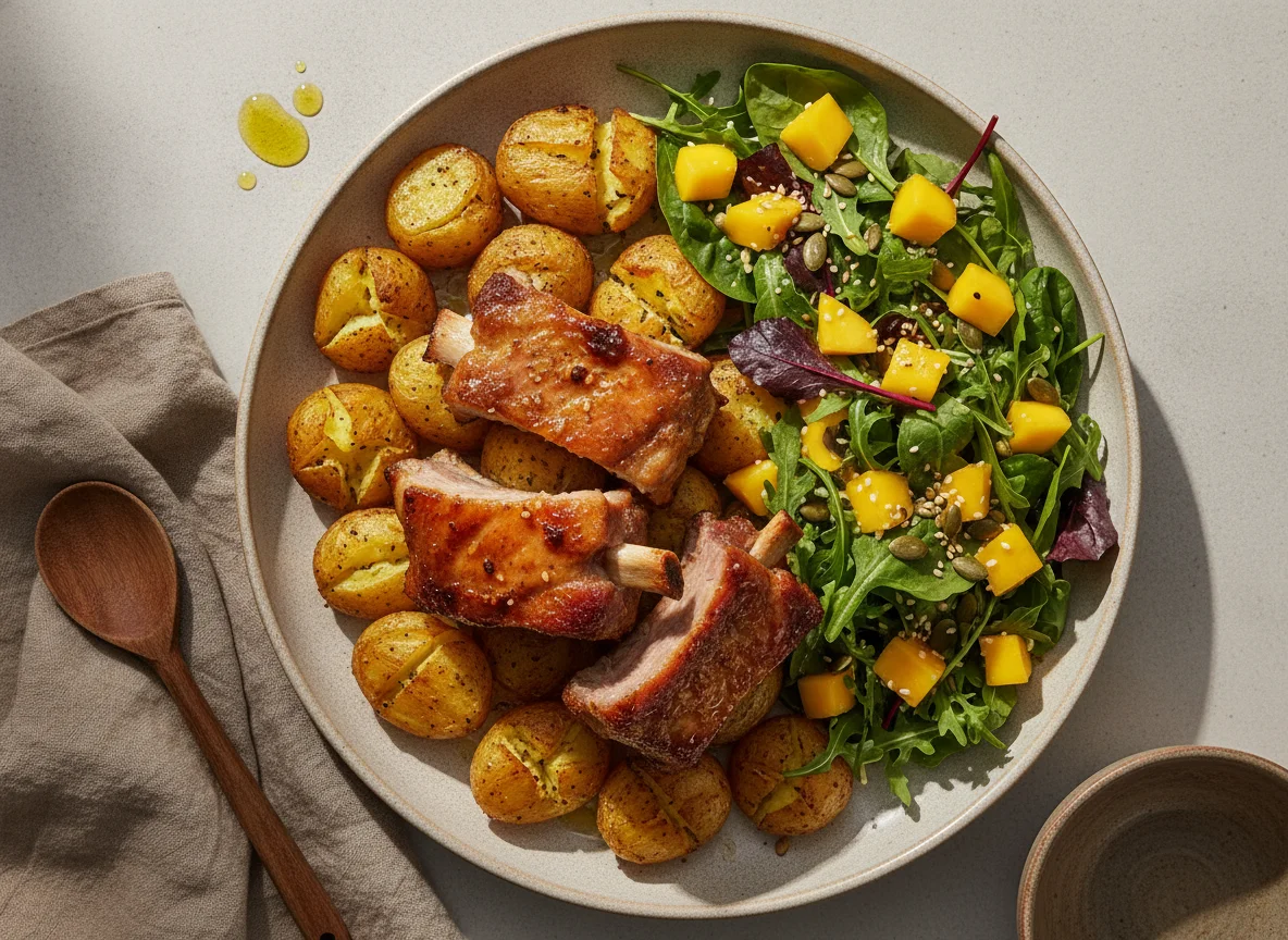 Costelinha de porco com batatas ao murro e salada de folhas com manga photo