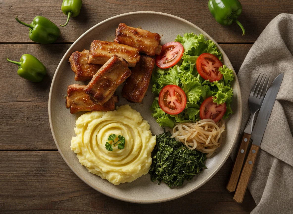 Costelinha de porco com purê de batata e salada photo