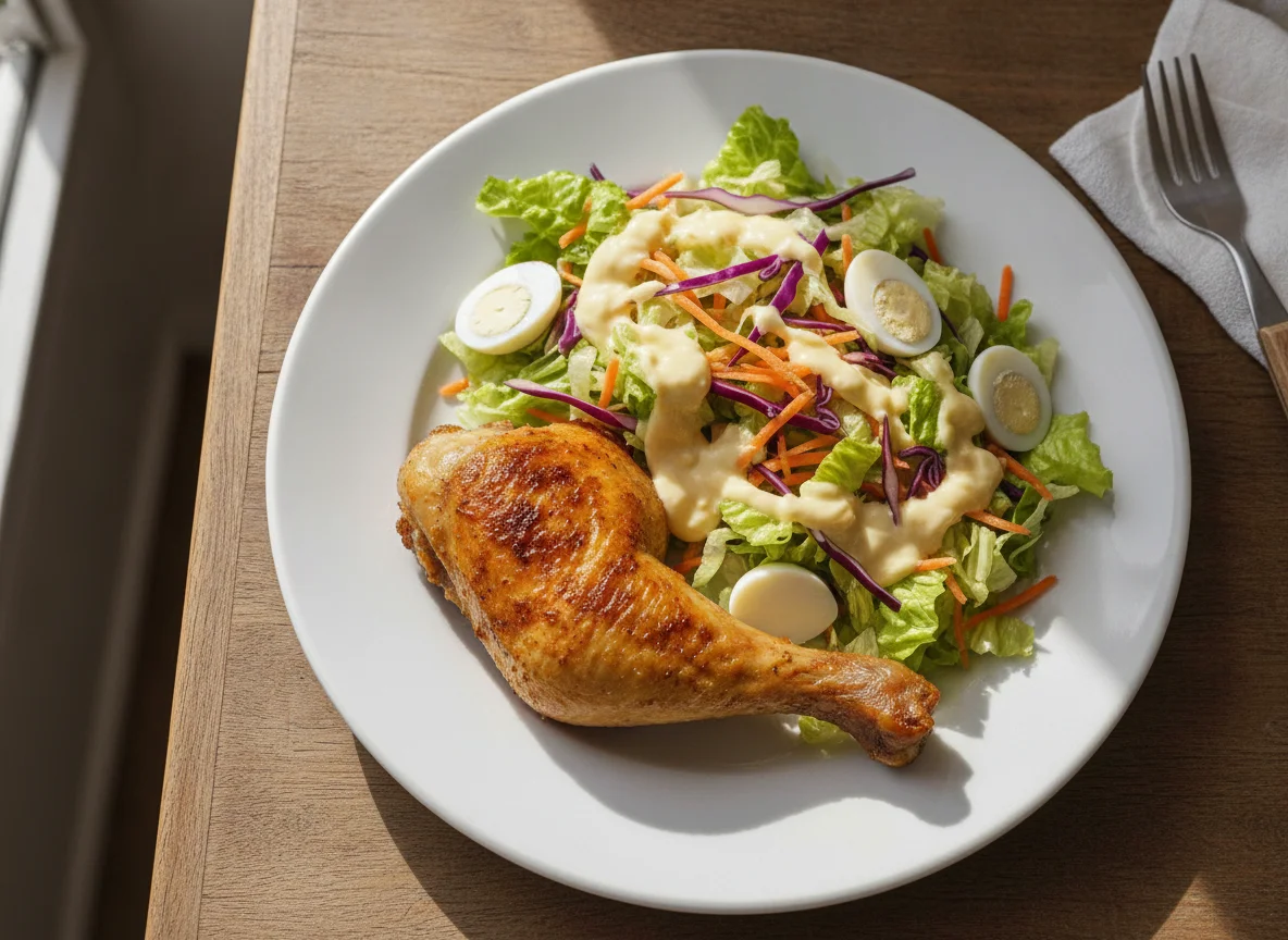 Coxa de frango assada com salada mista e ovos de codorna photo