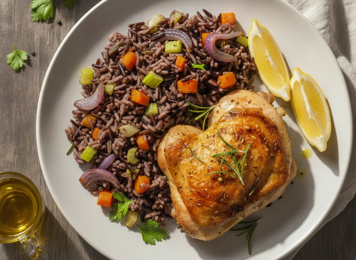 Coxa de frango com arroz selvagem e legumes photo