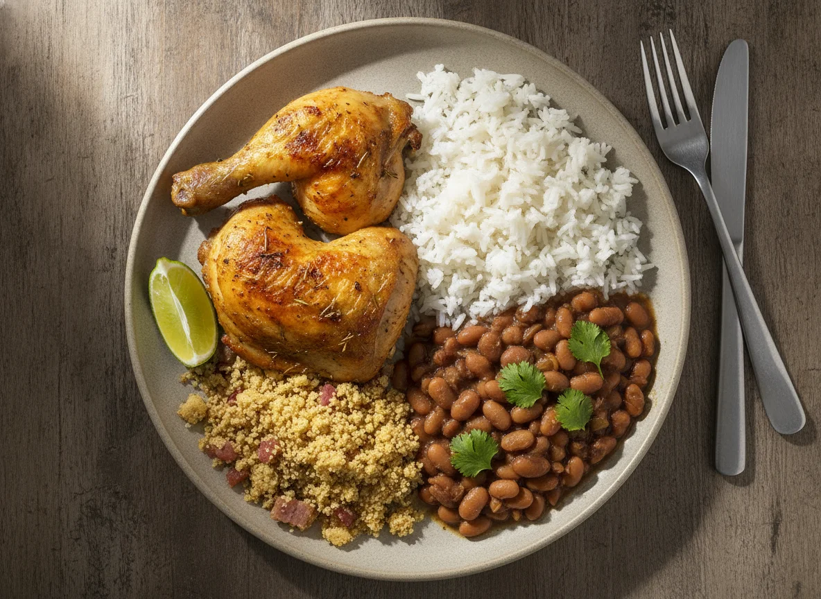 Coxa e sobrecoxa assadas, arroz, feijão carioca e farofa photo