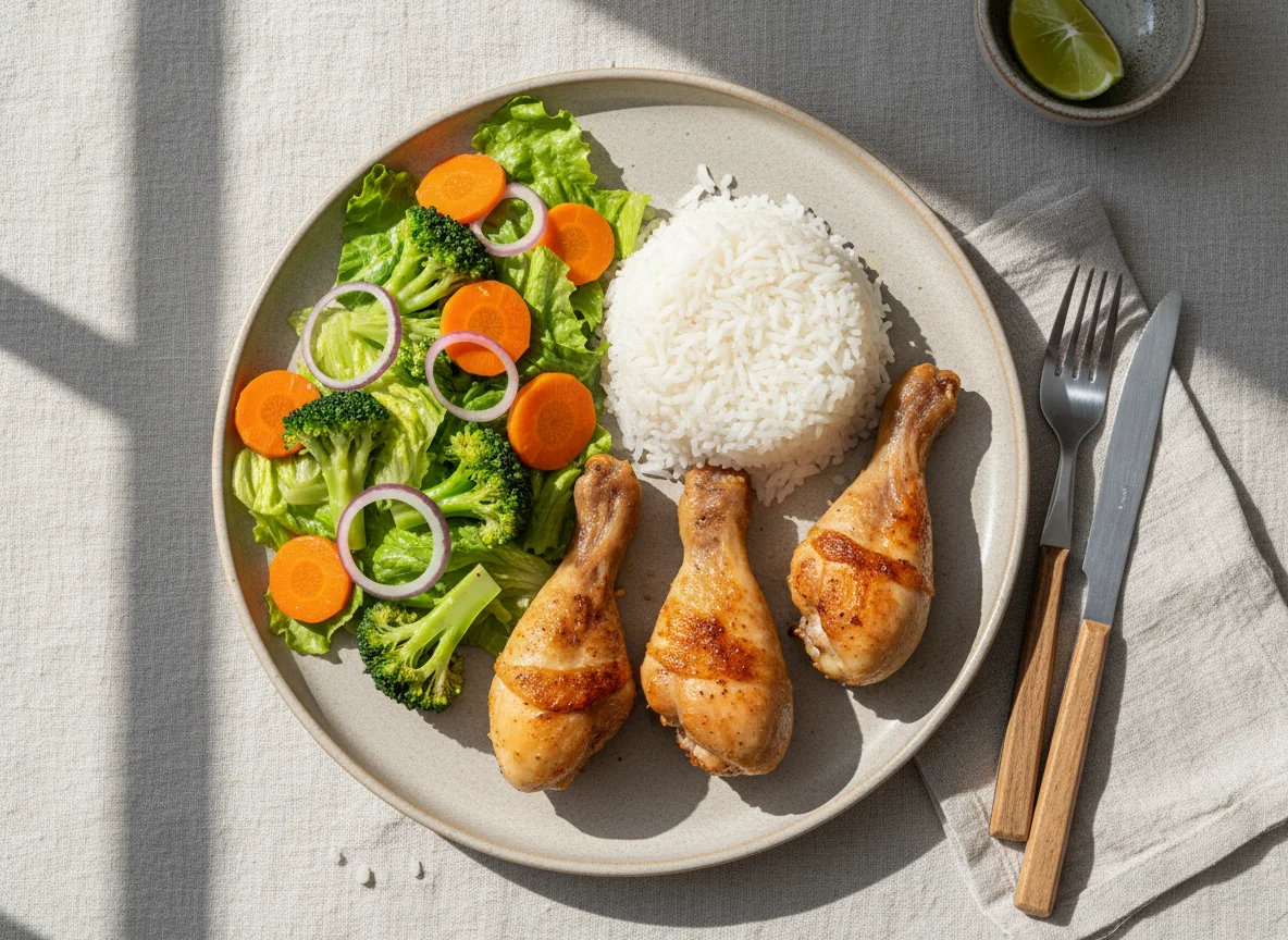 Coxinha da asa, arroz, salada de alface, brócolis, cenoura e cebola roxa. photo