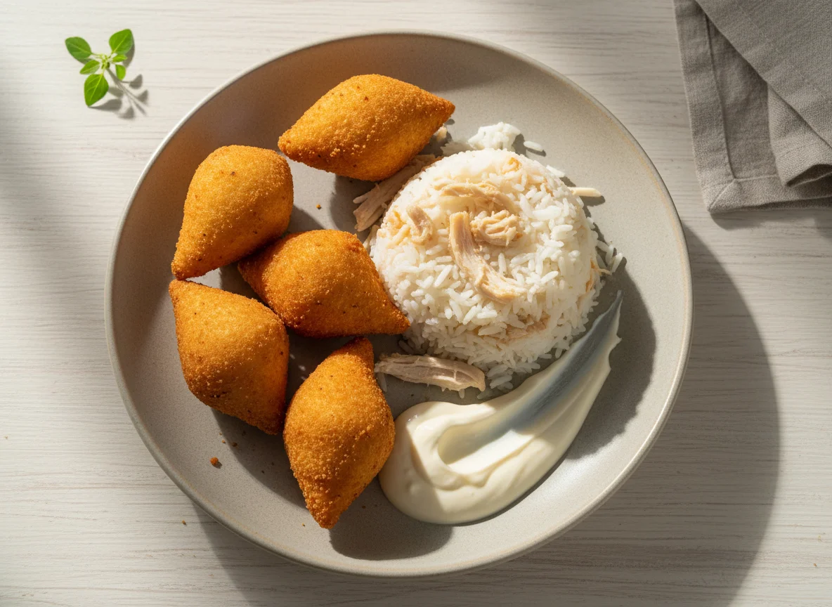 Coxinha de frango com arroz e requeijão photo