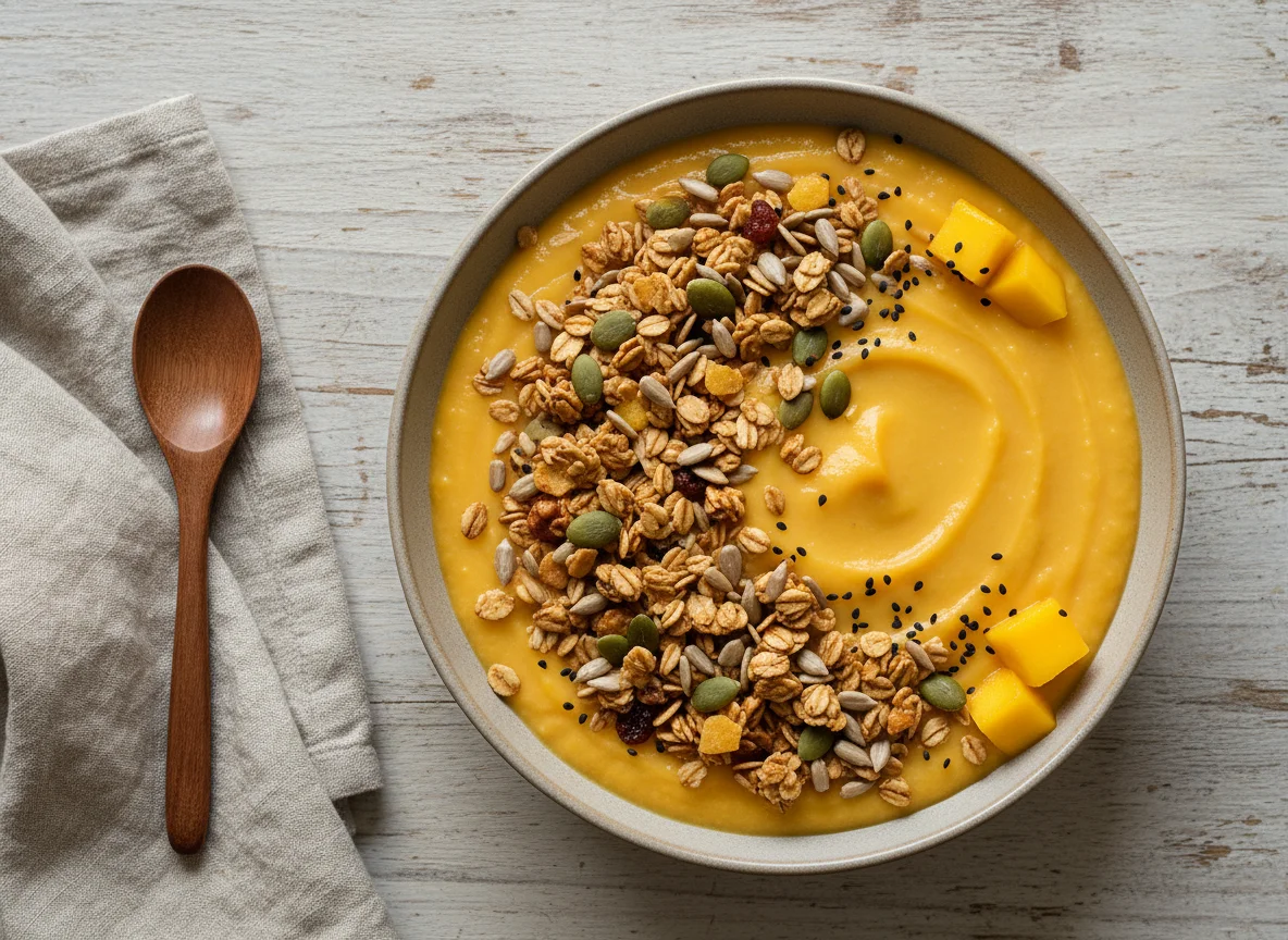 Creme de manga com granola e sementes photo