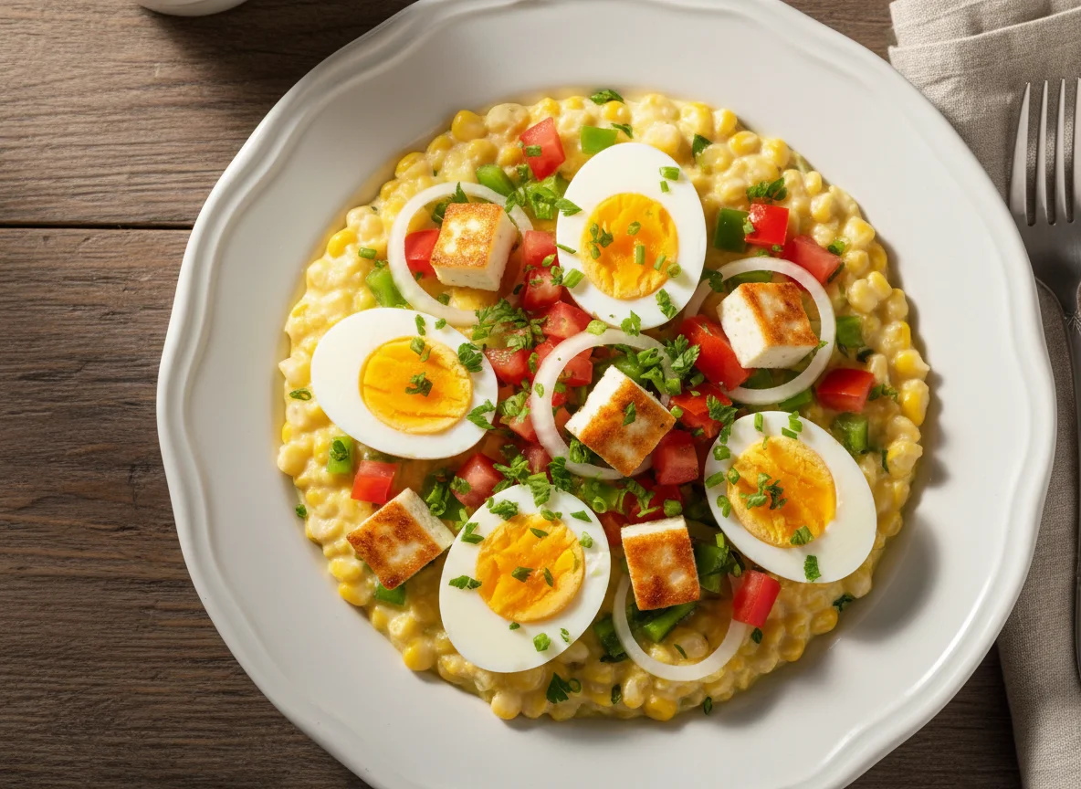 Creme de milho com ovos e vegetais photo