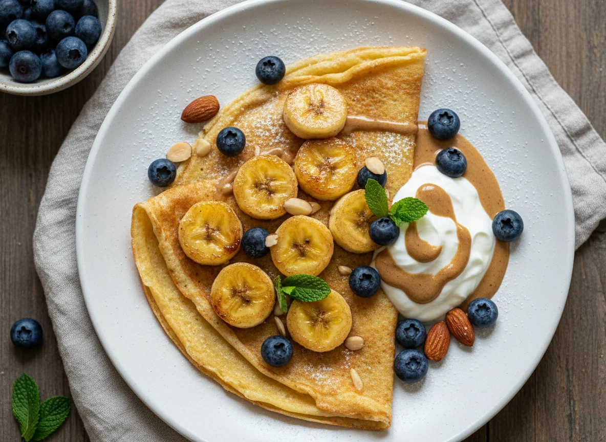 Crepe com banana, mirtilos, iogurte e manteiga de amêndoa photo