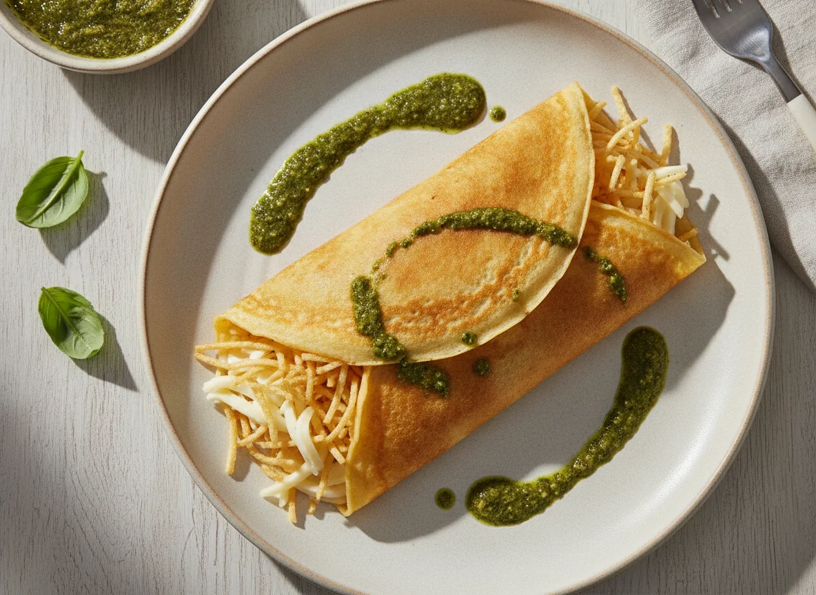 Crepe recheado com batata palha e molho pesto photo