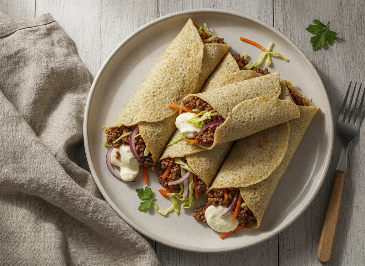 Crepes fit de aveia com carne moída e vegetais photo