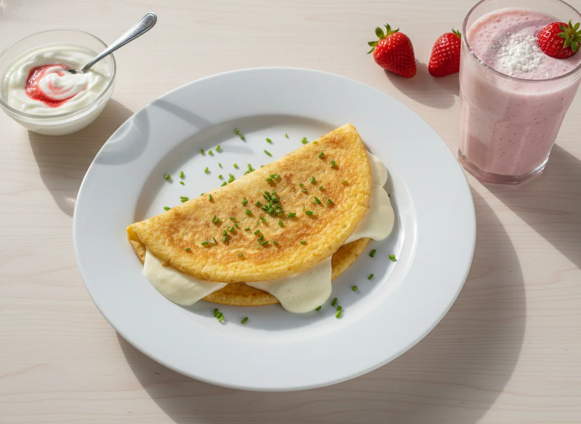 Crepioca com mussarela, shake de morango , iogurte grego Nestlé e Whey protein photo