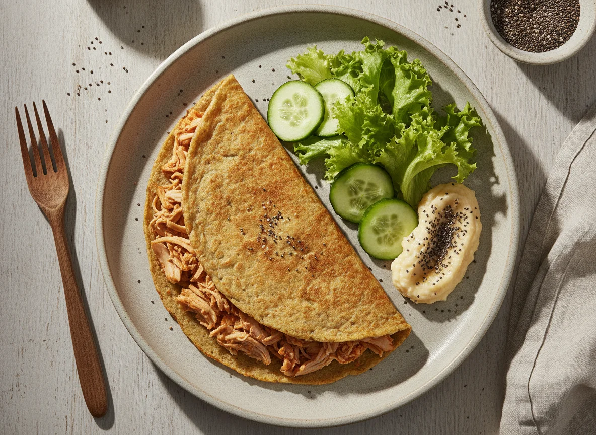 Crepioca de aveia com frango, salada e banana photo