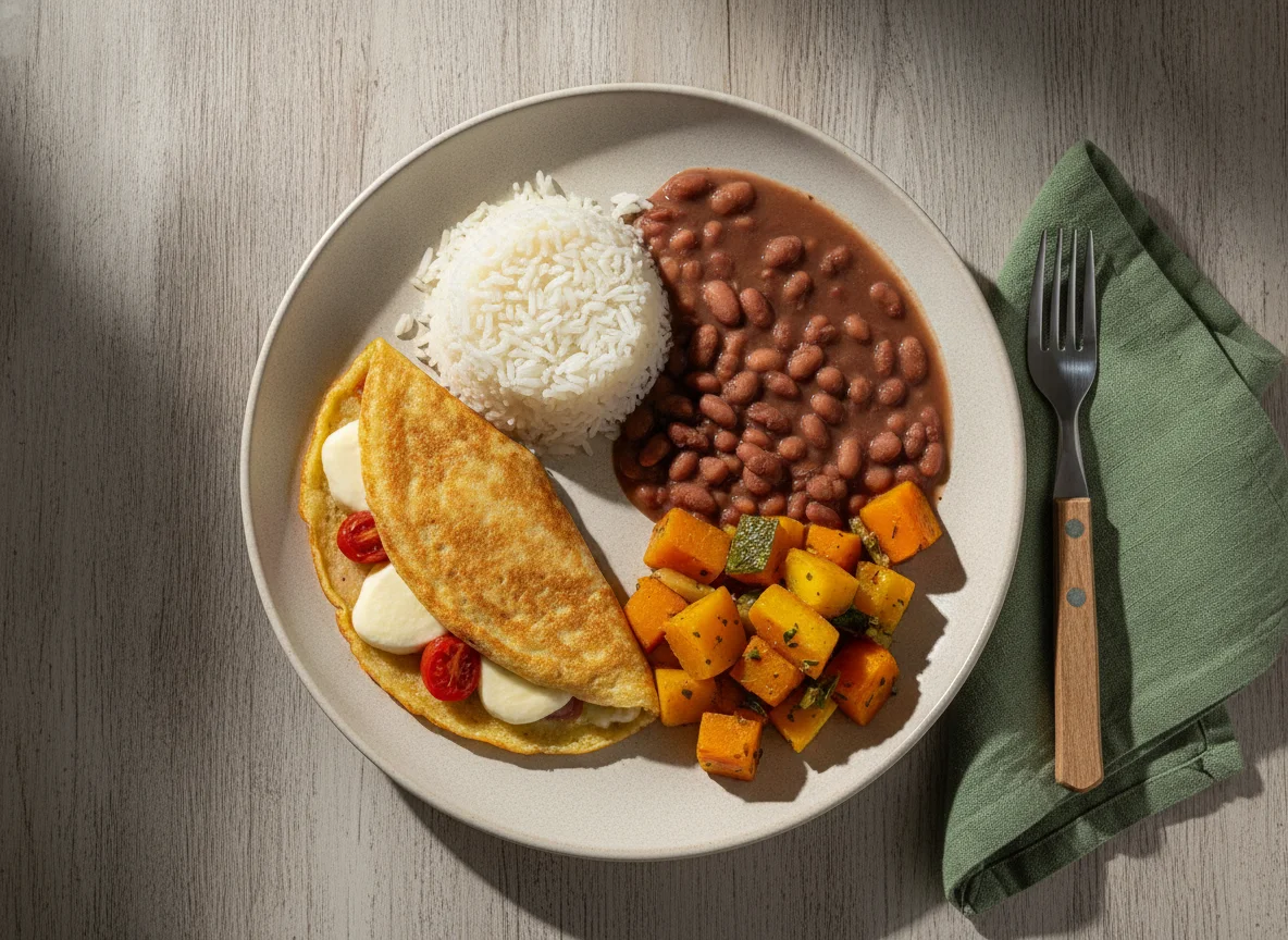 Crepioca de Mussarela com Arroz, Feijão e Legumes photo