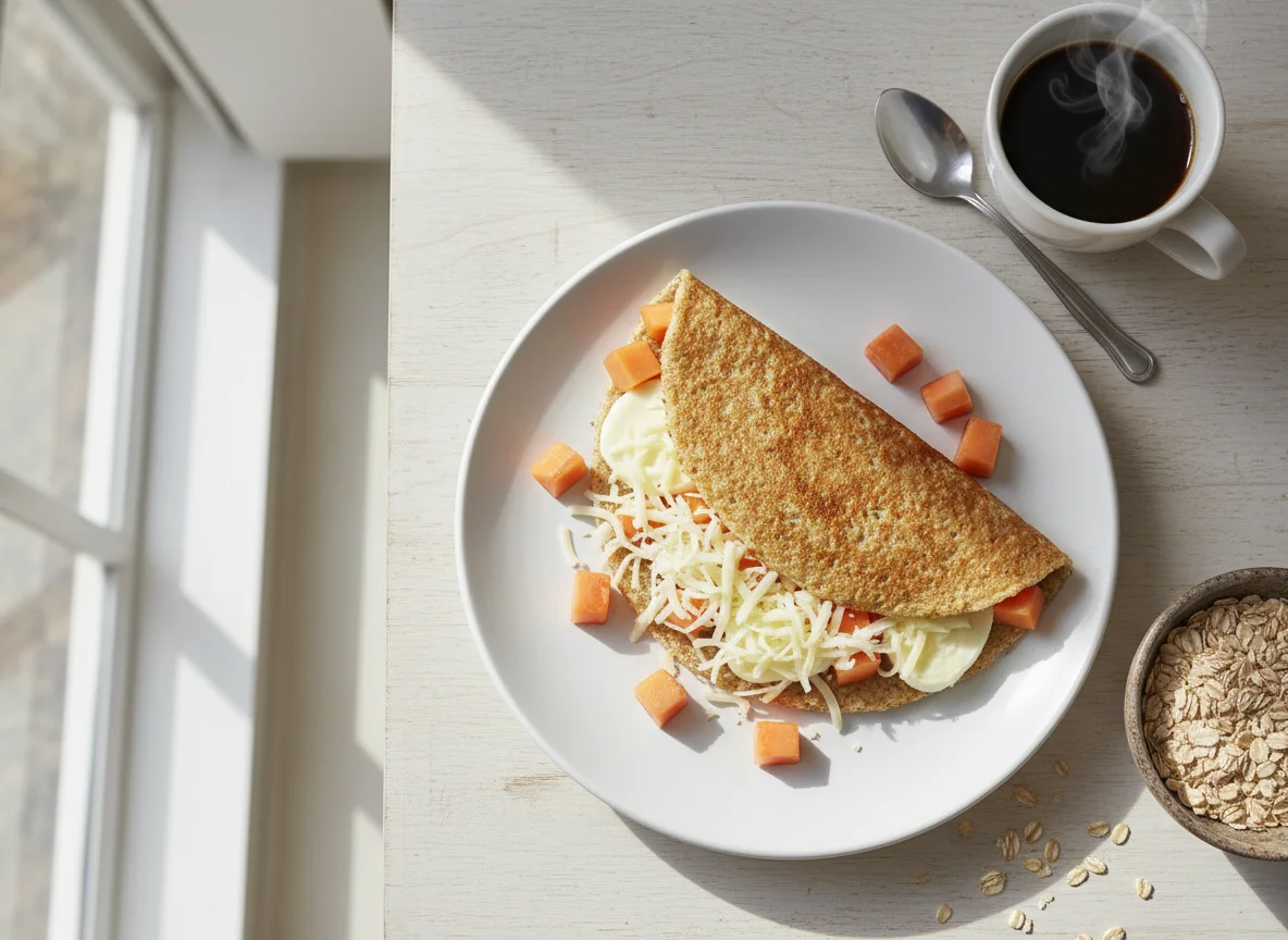 Crepioca recheada com queijo mussarela, mamão e café photo