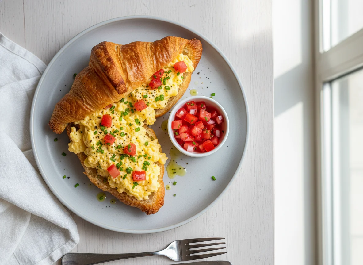 Croissant com ovos mexidos e tomate photo