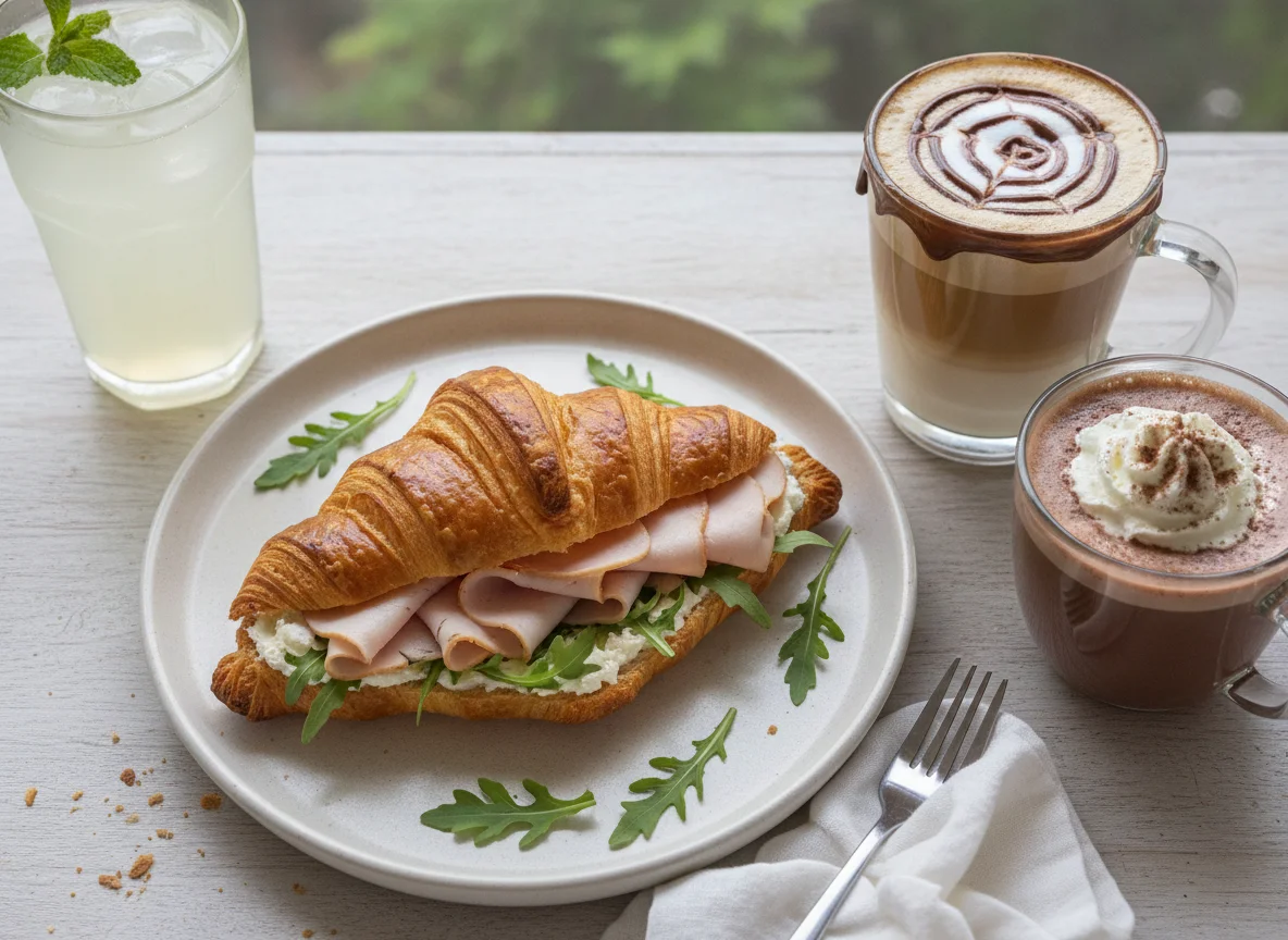 Croissant de peito de peru com cream cheese e café com Nutella photo