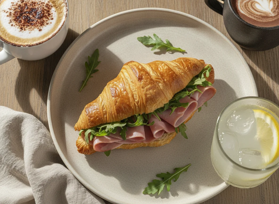 Croissant de presunto com bebidas photo