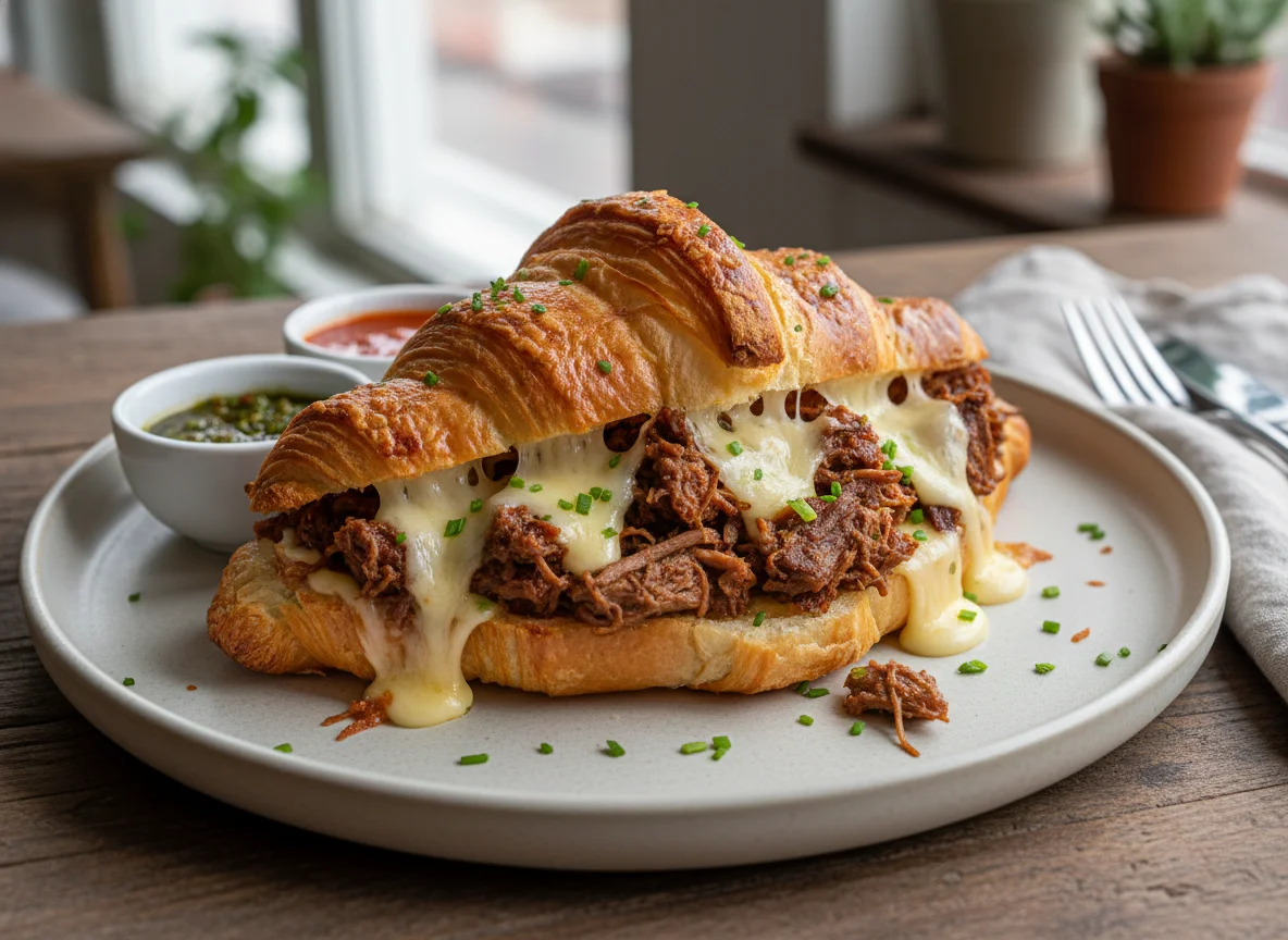 Croissant recheado com carne e queijo photo