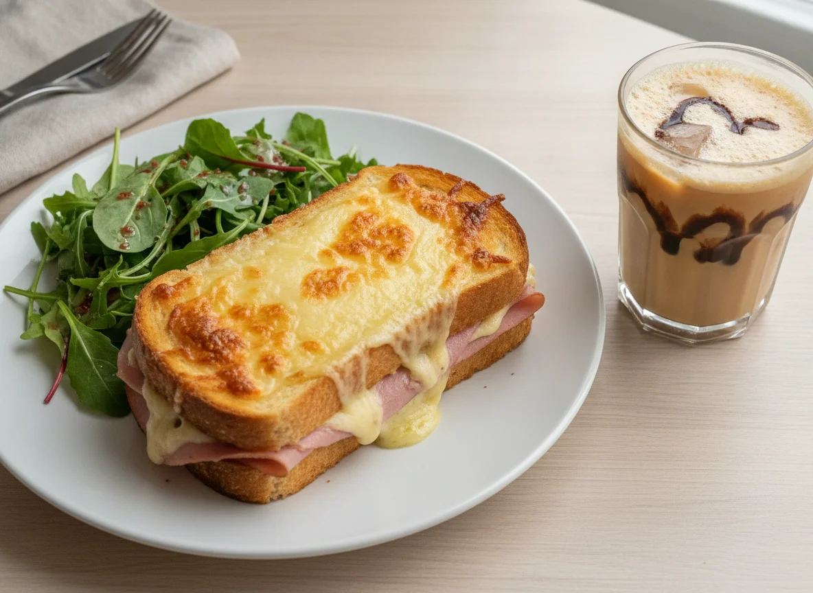 Croque Monsieur com Salada e Bebida Gelada photo