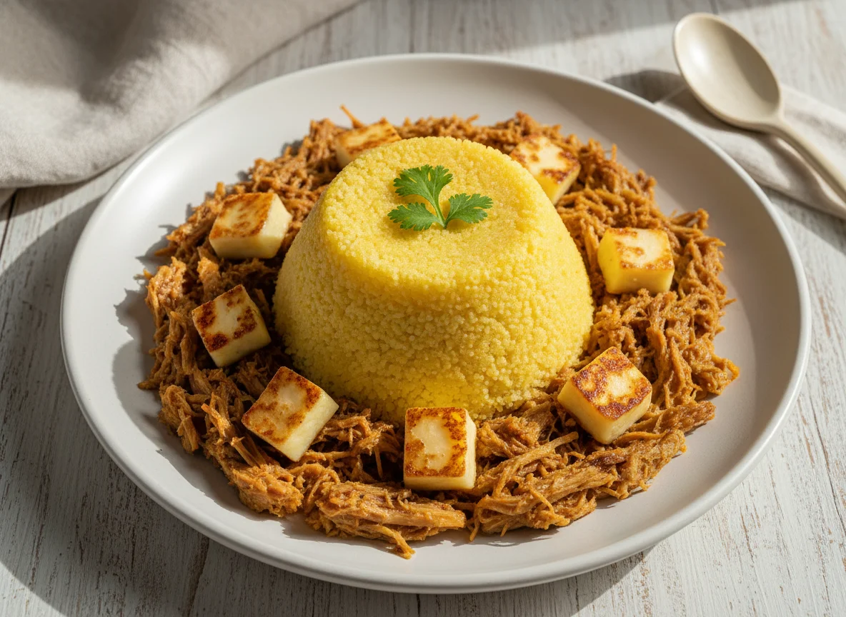 Cuscuz, carne do sol desfiada, queijo coalho light sem lactose sabor é vida photo