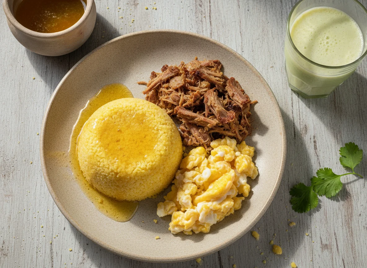 Cuscuz com Carne de Sol, Ovos e Suco de Abacate photo