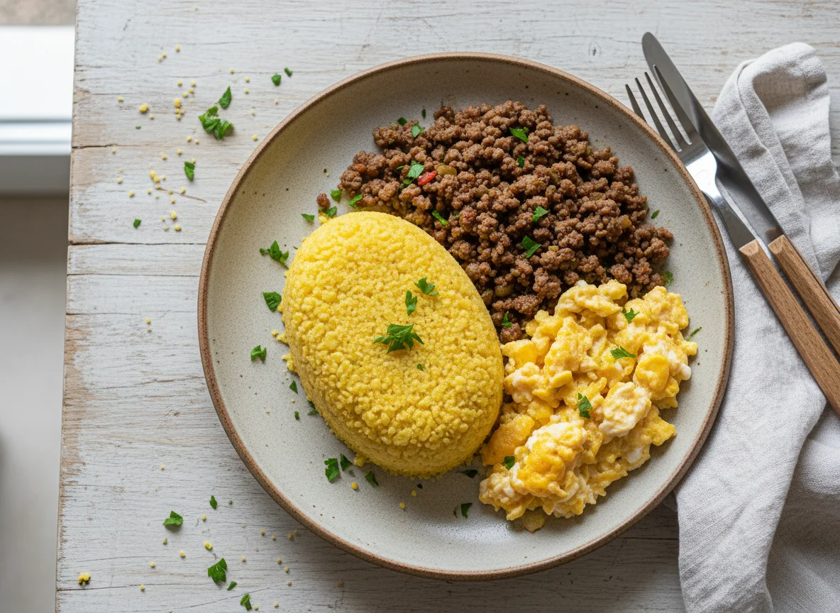 Cuscuz com carne moída e ovos mexidos photo