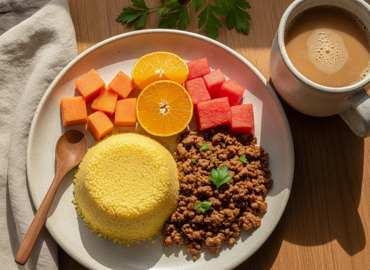 Cuscuz com carne moída, frutas e café com leite photo