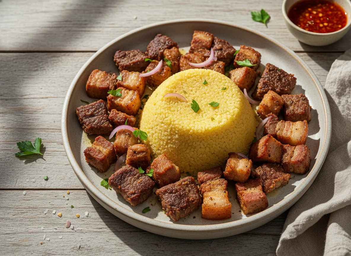 Cuscuz com carnes fritas photo