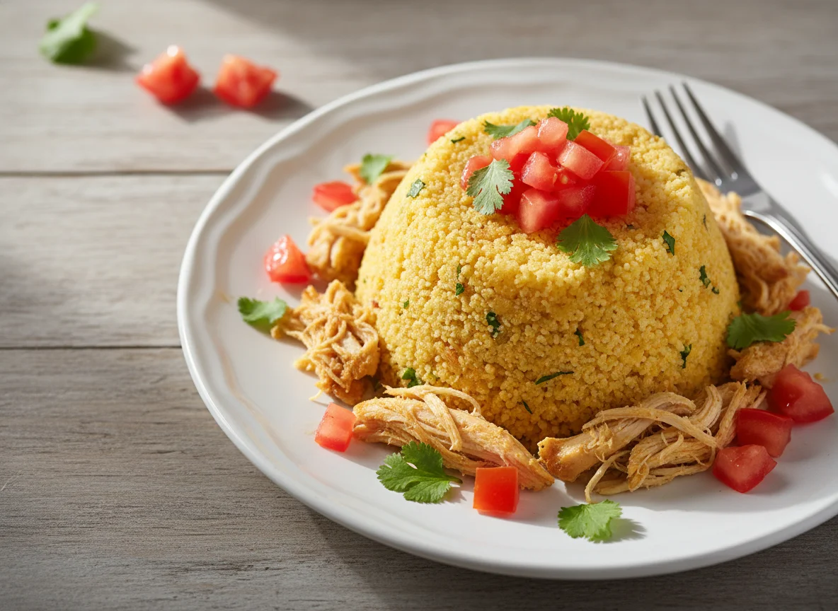 Cuscuz com frango desfiado e tomate photo