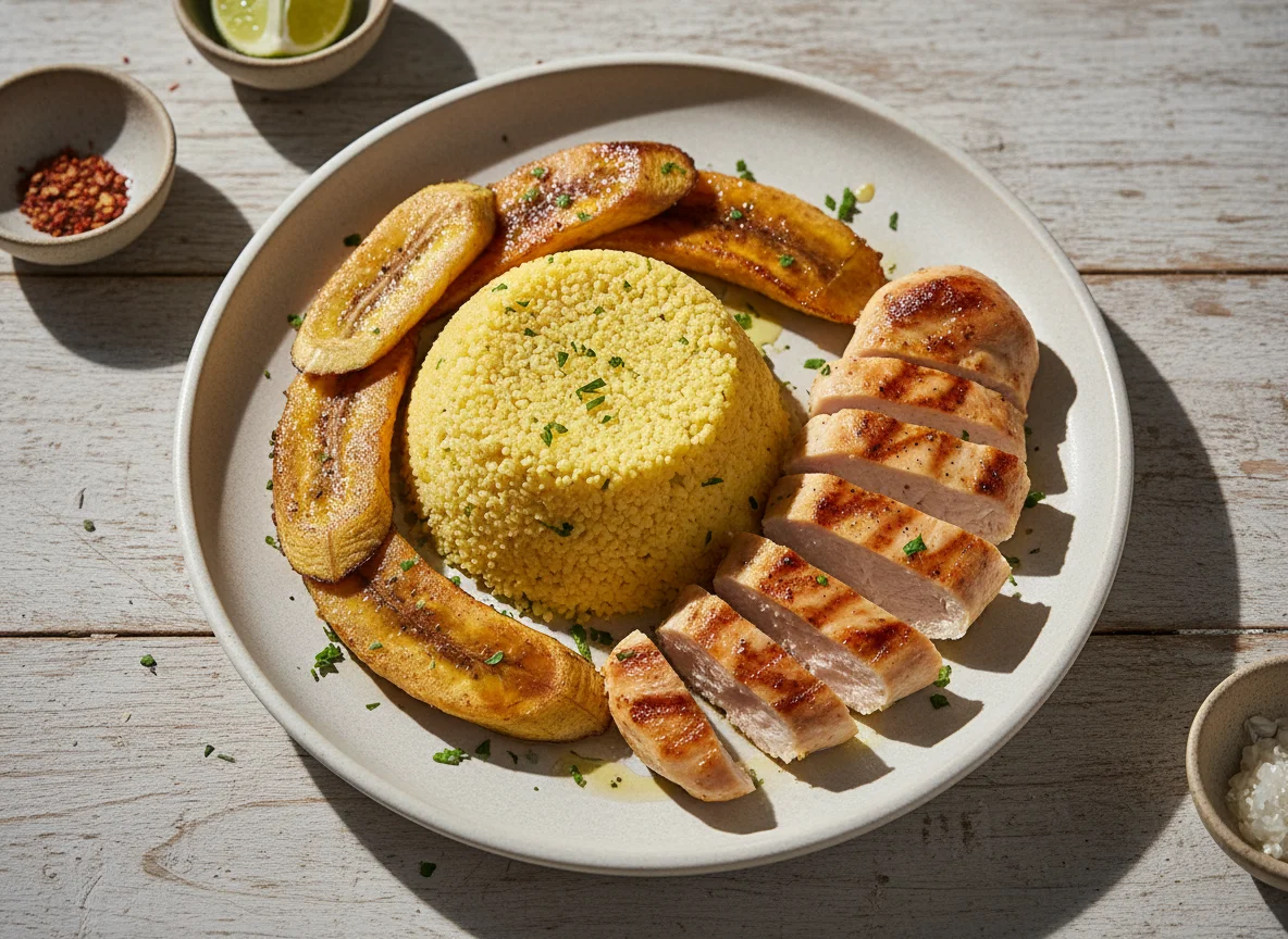 Cuscuz com frango e banana da terra photo