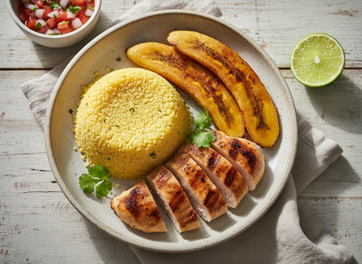 Cuscuz com frango grelhado e banana da terra photo