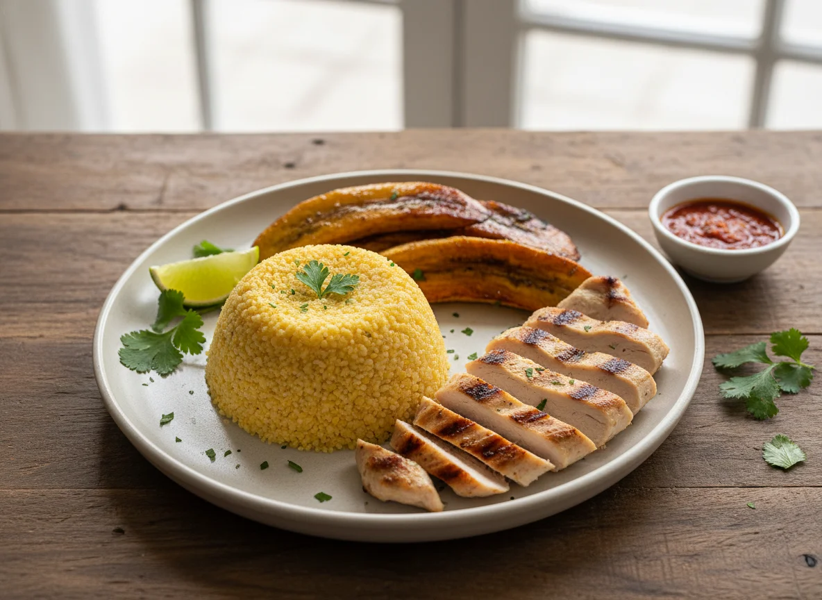 Cuscuz com frango grelhado e banana da terra assada photo